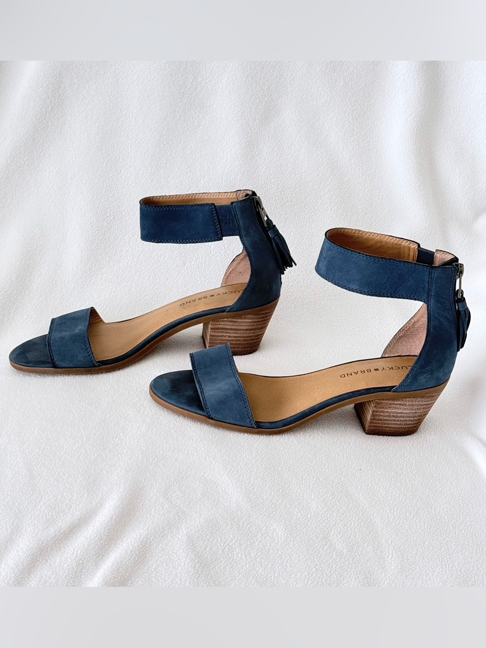 Lucky Brand Navy Suede Ankle-Strap Block Heel Sandals with Tassel